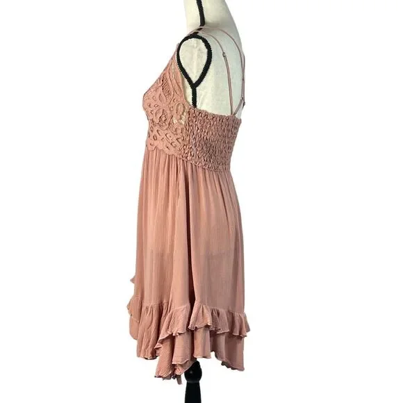 Free People One X-Small Adella Slip Mini Dress Rose Crochet Lace Flowy Smocked - Picture 9 of 12